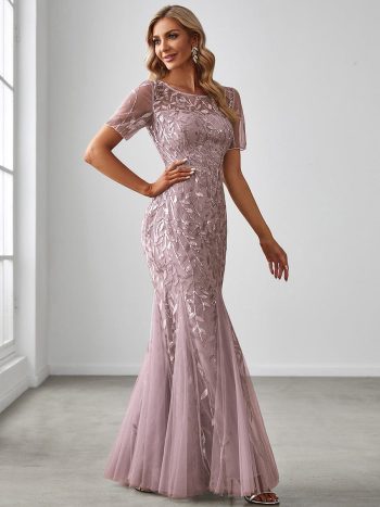 Floral Sequin Maxi Fishtail Tulle Prom Dress with Short Sleeve - Lilac