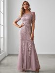 Floral Sequin Maxi Fishtail Tulle Prom Dress with Short Sleeve – Lilac