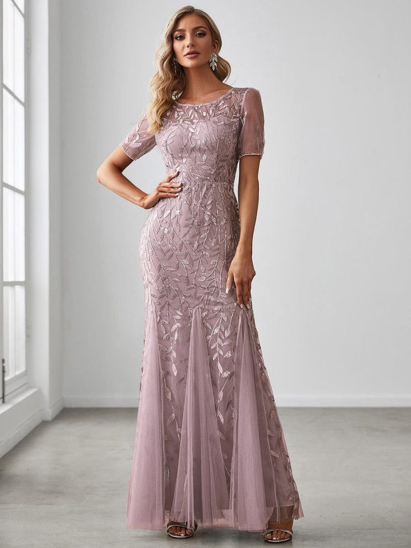 Floral Sequin Maxi Fishtail Tulle Prom Dress with Short Sleeve - Lilac