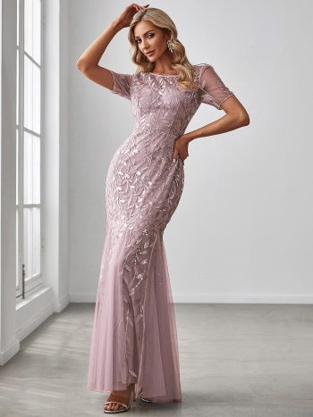 Floral Sequin Maxi Fishtail Tulle Prom Dress with Short Sleeve - Lilac