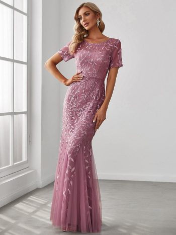 Floral Sequin Maxi Fishtail Tulle Prom Dress with Short Sleeve - Purple Orchid