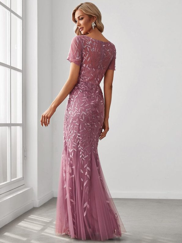 Floral Sequin Maxi Fishtail Tulle Prom Dress with Short Sleeve - Purple Orchid