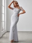 Floral Sequin Maxi Fishtail Tulle Prom Dress with Short Sleeve – Silver