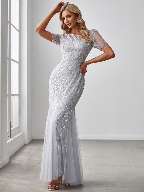 Floral Sequin Maxi Fishtail Tulle Prom Dress with Short Sleeve - Silver