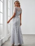 Floral Sequin Maxi Fishtail Tulle Prom Dress with Short Sleeve – Silver