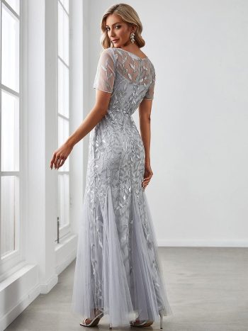 Floral Sequin Maxi Fishtail Tulle Prom Dress with Short Sleeve - Silver