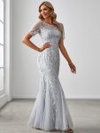 Floral Sequin Maxi Fishtail Tulle Prom Dress with Short Sleeve – Silver