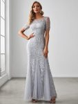 Floral Sequin Maxi Fishtail Tulle Prom Dress with Short Sleeve – Silver