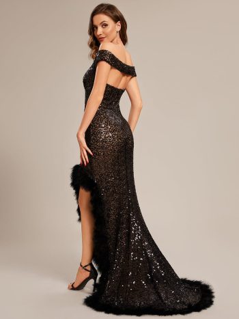 Custom Size Sexy Off Shoulder Sequin Feather High Front Slit Prom Dress - Black