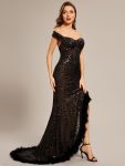 Custom Size Sexy Off Shoulder Sequin Feather High Front Slit Prom Dress – Black