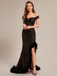 Custom Size Sexy Off Shoulder Sequin Feather High Front Slit Prom Dress – Black