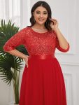 Elegant Round Neckline Long Sleeves Sequin Evening Dress – Red