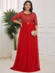 Elegant Round Neckline Long Sleeves Sequin Evening Dress – Red