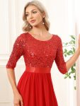 Elegant Round Neckline Long Sleeves Sequin Evening Dress – Red