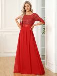 Elegant Round Neckline Long Sleeves Sequin Evening Dress - Red