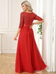 Elegant Round Neckline Long Sleeves Sequin Evening Dress – Red