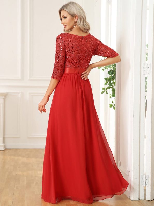 Elegant Round Neckline Long Sleeves Sequin Evening Dress - Red