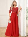 Elegant Round Neckline Long Sleeves Sequin Evening Dress – Red