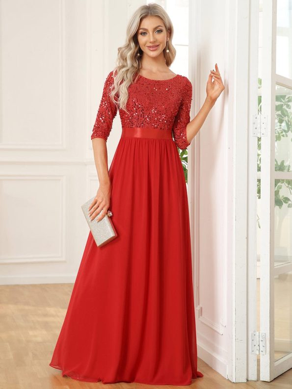 Elegant Round Neckline Long Sleeves Sequin Evening Dress - Red