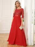 Elegant Round Neckline Long Sleeves Sequin Evening Dress – Red