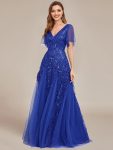 Shimmery V Neck Ruffle Sleeves Sequin Maxi Long Evening Dress - Sapphire Blue