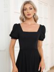 Caged Back Short Sleeve Square Neck A-Line Evening Dress – Black