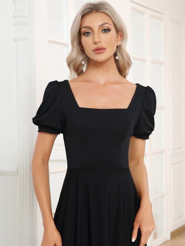 Caged Back Short Sleeve Square Neck A-Line Evening Dress - Black