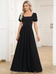 Caged Back Short Sleeve Square Neck A-Line Evening Dress – Black