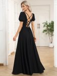 Caged Back Short Sleeve Square Neck A-Line Evening Dress – Black