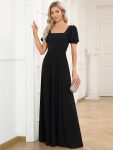 Caged Back Short Sleeve Square Neck A-Line Evening Dress – Black