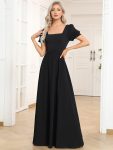 Caged Back Short Sleeve Square Neck A-Line Evening Dress – Black