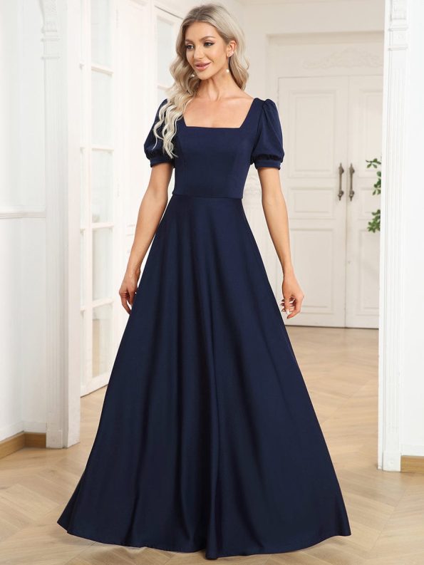 Caged Back Short Sleeve Square Neck A-Line Evening Dress - Navy Blue