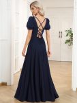 Caged Back Short Sleeve Square Neck A-Line Evening Dress – Navy Blue