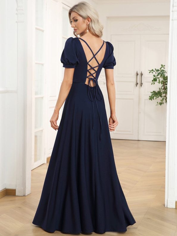 Caged Back Short Sleeve Square Neck A-Line Evening Dress - Navy Blue