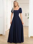 Caged Back Short Sleeve Square Neck A-Line Evening Dress – Navy Blue