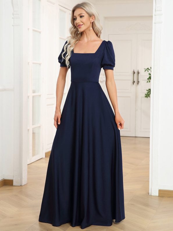 Caged Back Short Sleeve Square Neck A-Line Evening Dress - Navy Blue