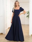 Caged Back Short Sleeve Square Neck A-Line Evening Dress - Navy Blue