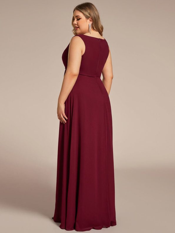 Floral Applique Sleeveless Chiffon Long Formal Evening Dress - Burgundy