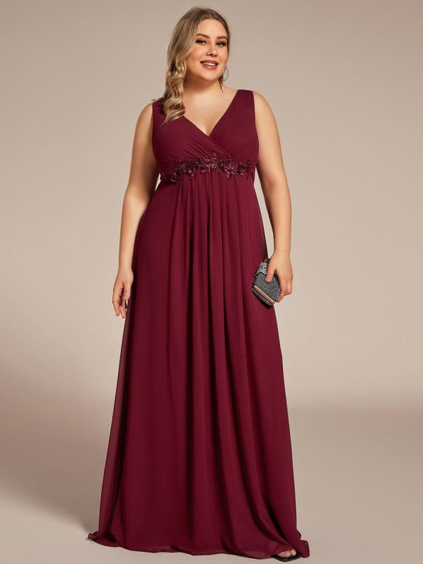 Plus Size Floral Applique Sleeveless Chiffon Formal Evening Dress - Burgundy