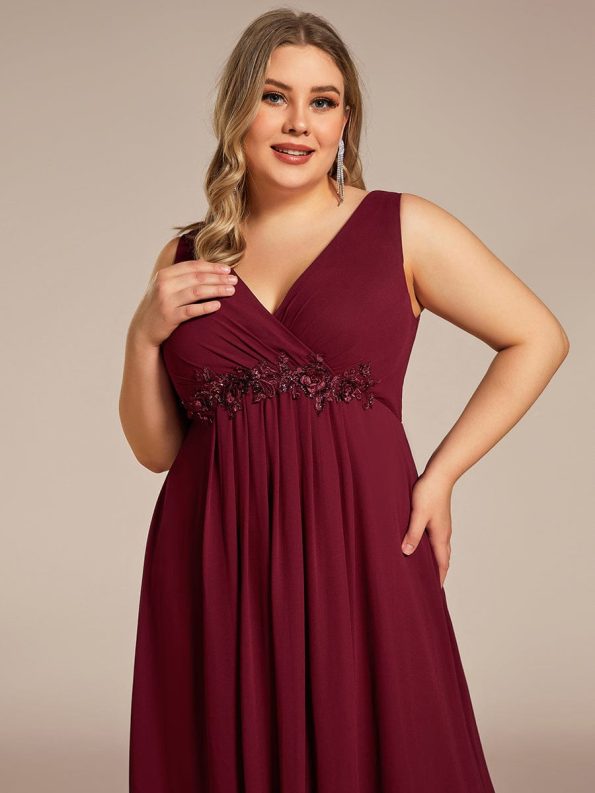 Plus Size Floral Applique Sleeveless Chiffon Formal Evening Dress - Burgundy