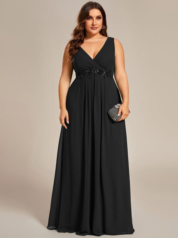 Plus Size Floral Applique Sleeveless Chiffon Formal Evening Dress - Black