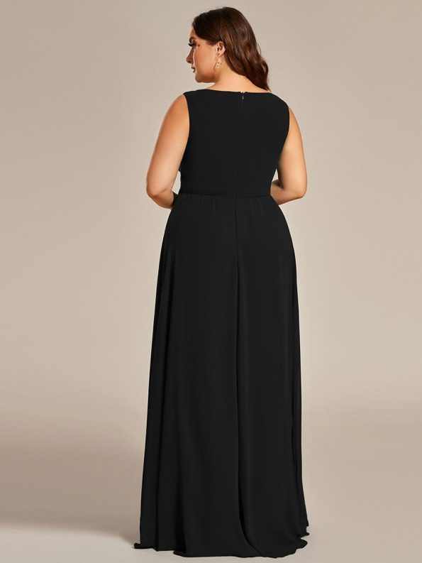 Floral Applique Sleeveless Chiffon Long Formal Evening Dress - Black