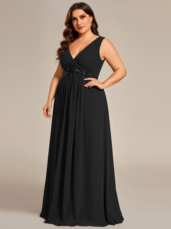 Plus Size Floral Applique Sleeveless Chiffon Formal Evening Dress - Black