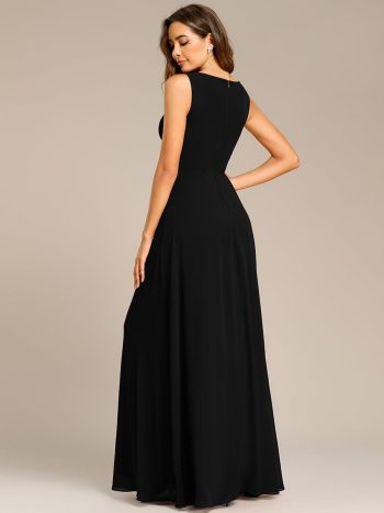 Floral Applique Sleeveless Chiffon Long Formal Evening Dress - Black