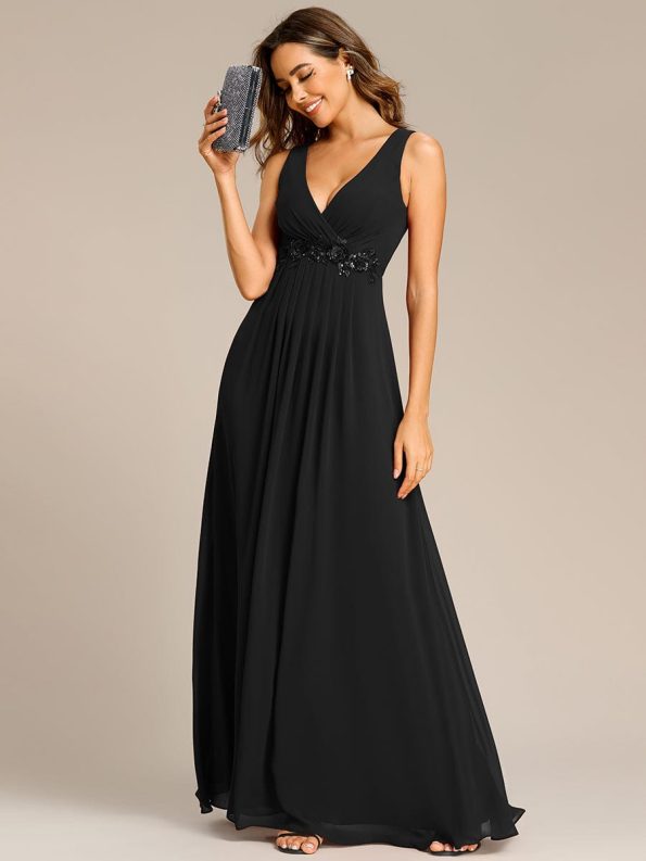 Floral Applique Sleeveless Chiffon Long Formal Evening Dress - Black