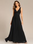 Floral Applique Sleeveless Chiffon Long Formal Evening Dress – Black