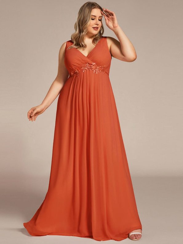 Plus Size Floral Applique Sleeveless Chiffon Formal Evening Dress - Burnt Orange