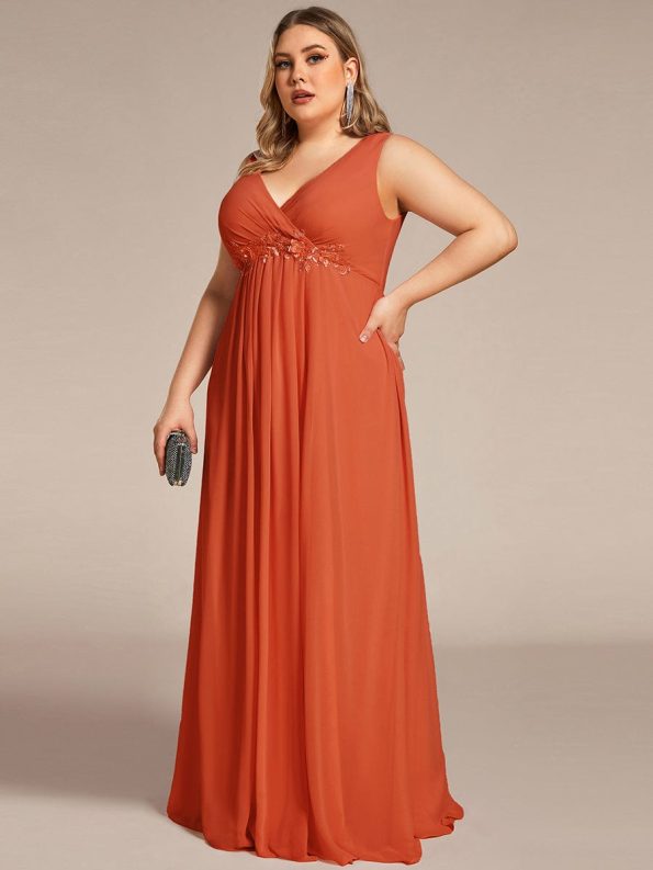 Plus Size Floral Applique Sleeveless Chiffon Formal Evening Dress - Burnt Orange