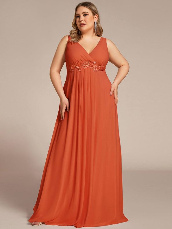 Floral Applique Sleeveless Chiffon Long Formal Evening Dress - Burnt Orange