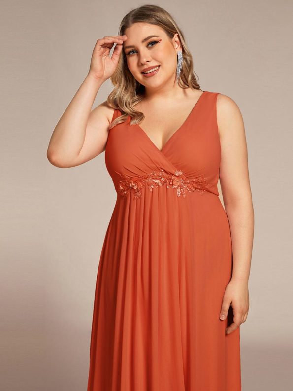 Floral Applique Sleeveless Chiffon Long Formal Evening Dress - Burnt Orange